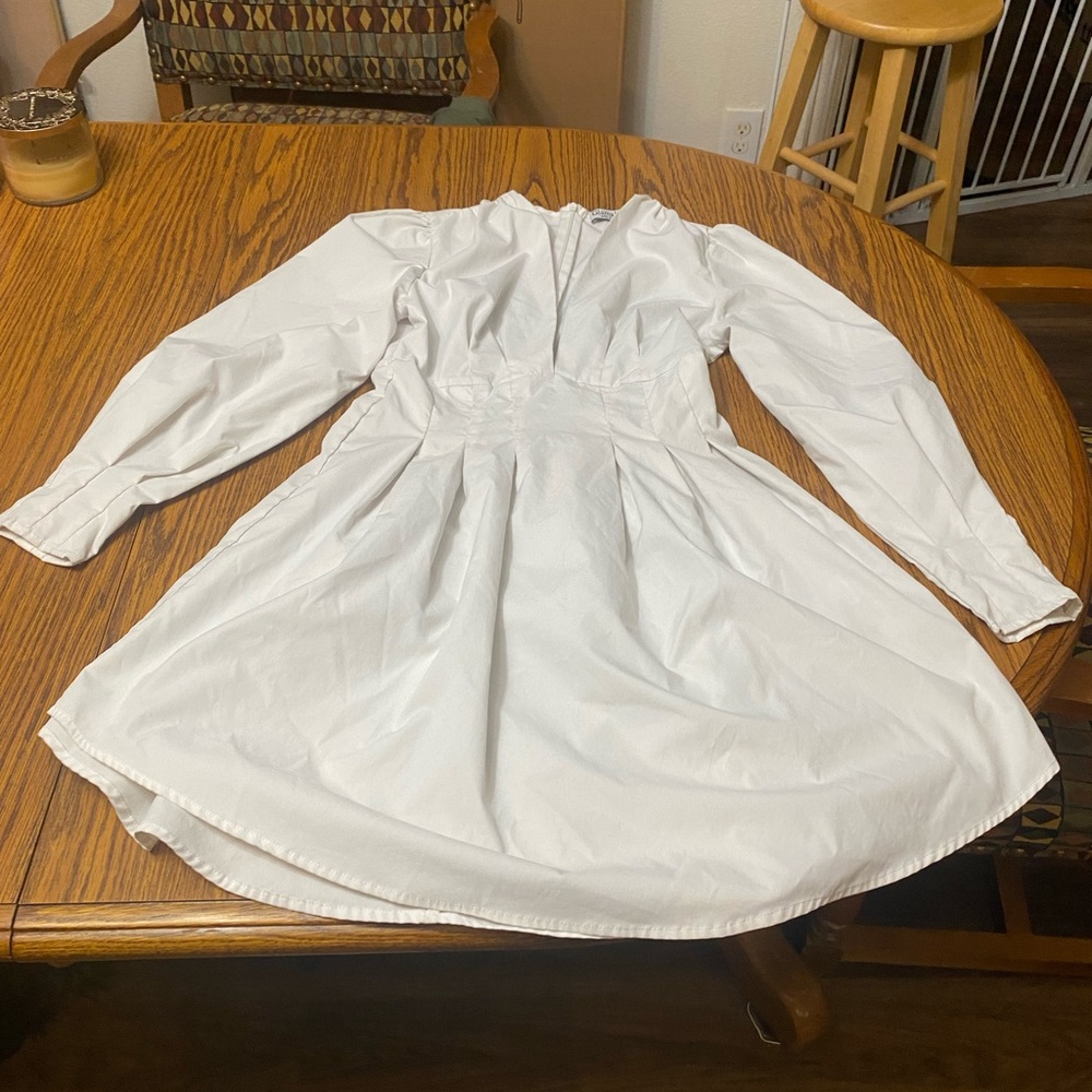 White Mini Dress with Bishop Sleeves and Mock Neck